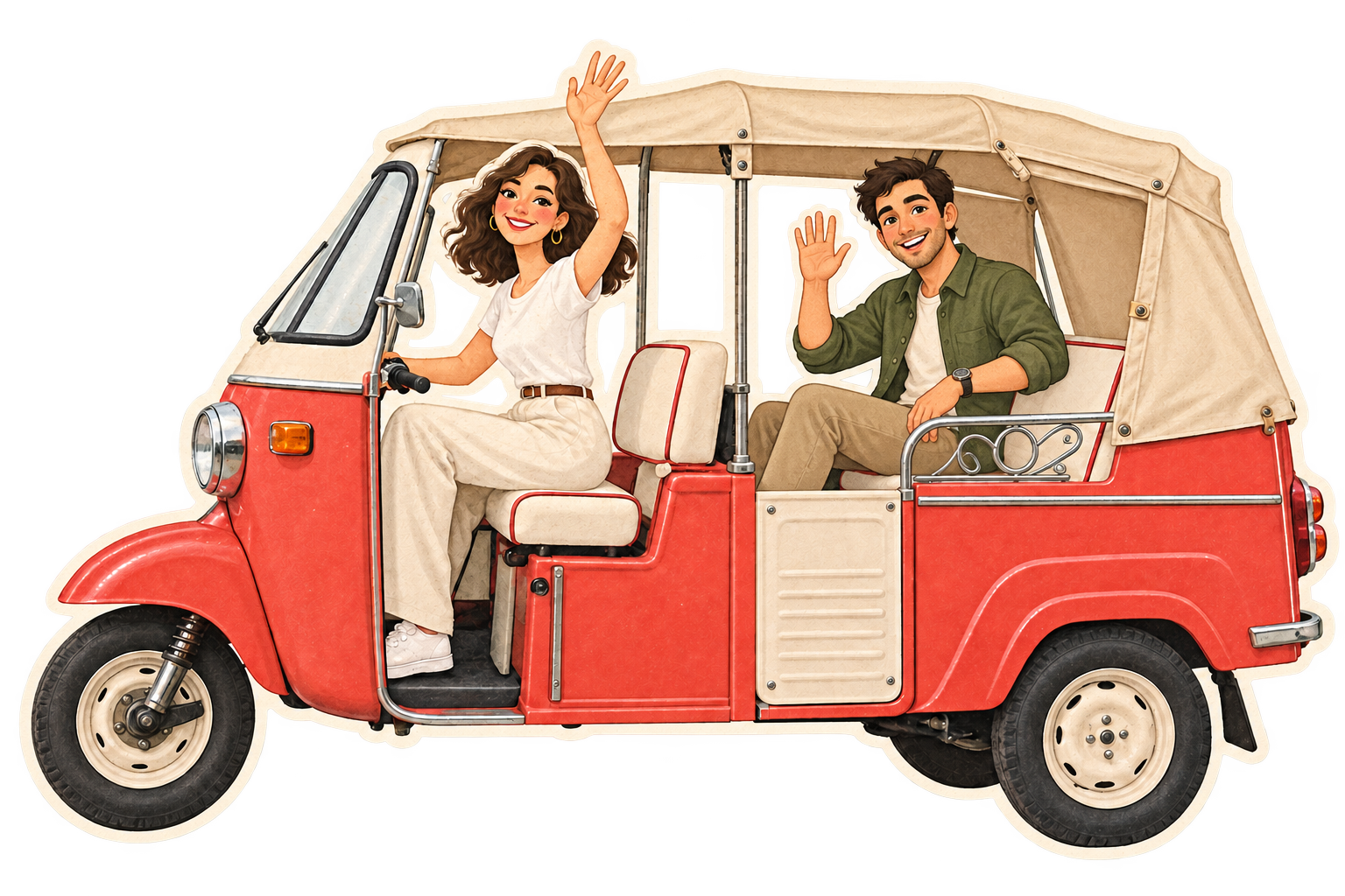 Scrapbook-Illustration: Rafaela am Steuer und Daniel auf der Rückbank eines roten TukTuks winken dir zu.