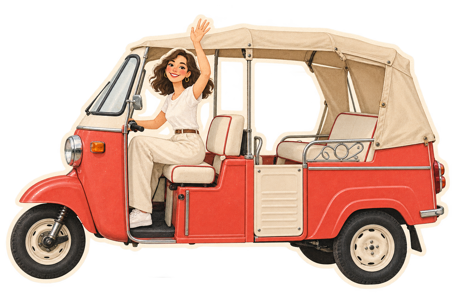 Illustration: eine winkende Fahrerin in einem roten TukTuk, von der Seite